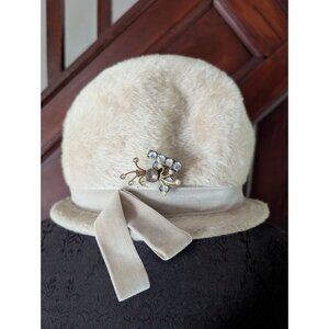 Vintage Martelle Faux Fur Cloche Hat With Rhinestone Brooch Accent & Ribbon